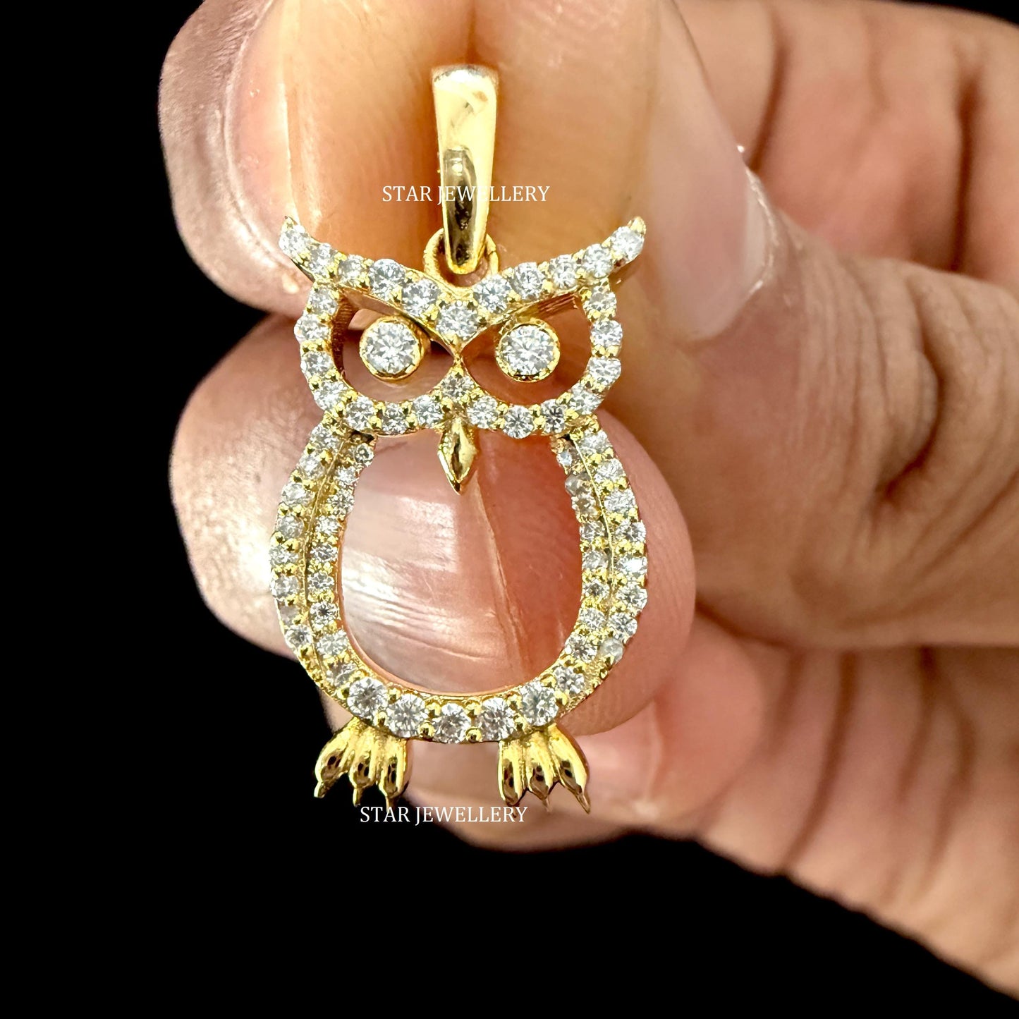 14K Gold Natural Diamond Owl Pendant