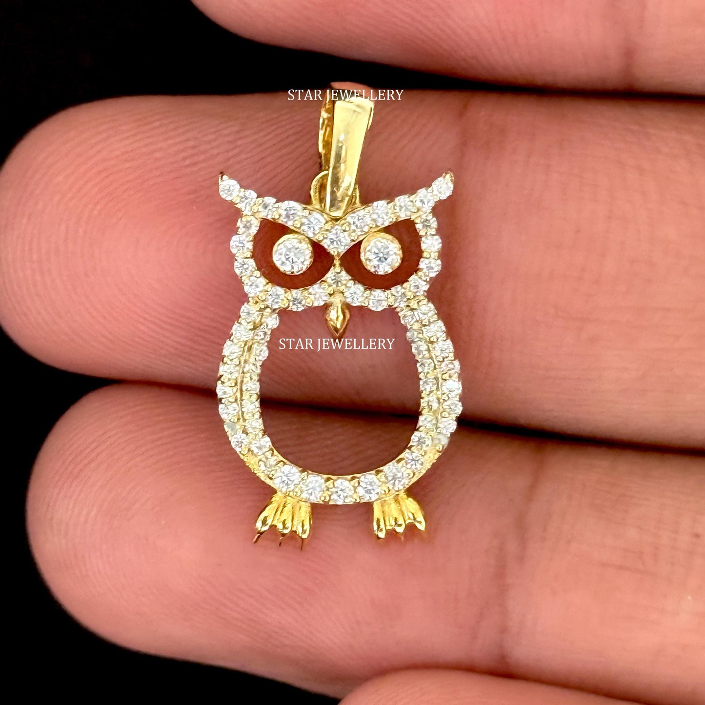 14K Gold Natural Diamond Owl Pendant