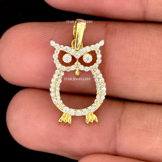 14K Gold Natural Diamond Owl Pendant