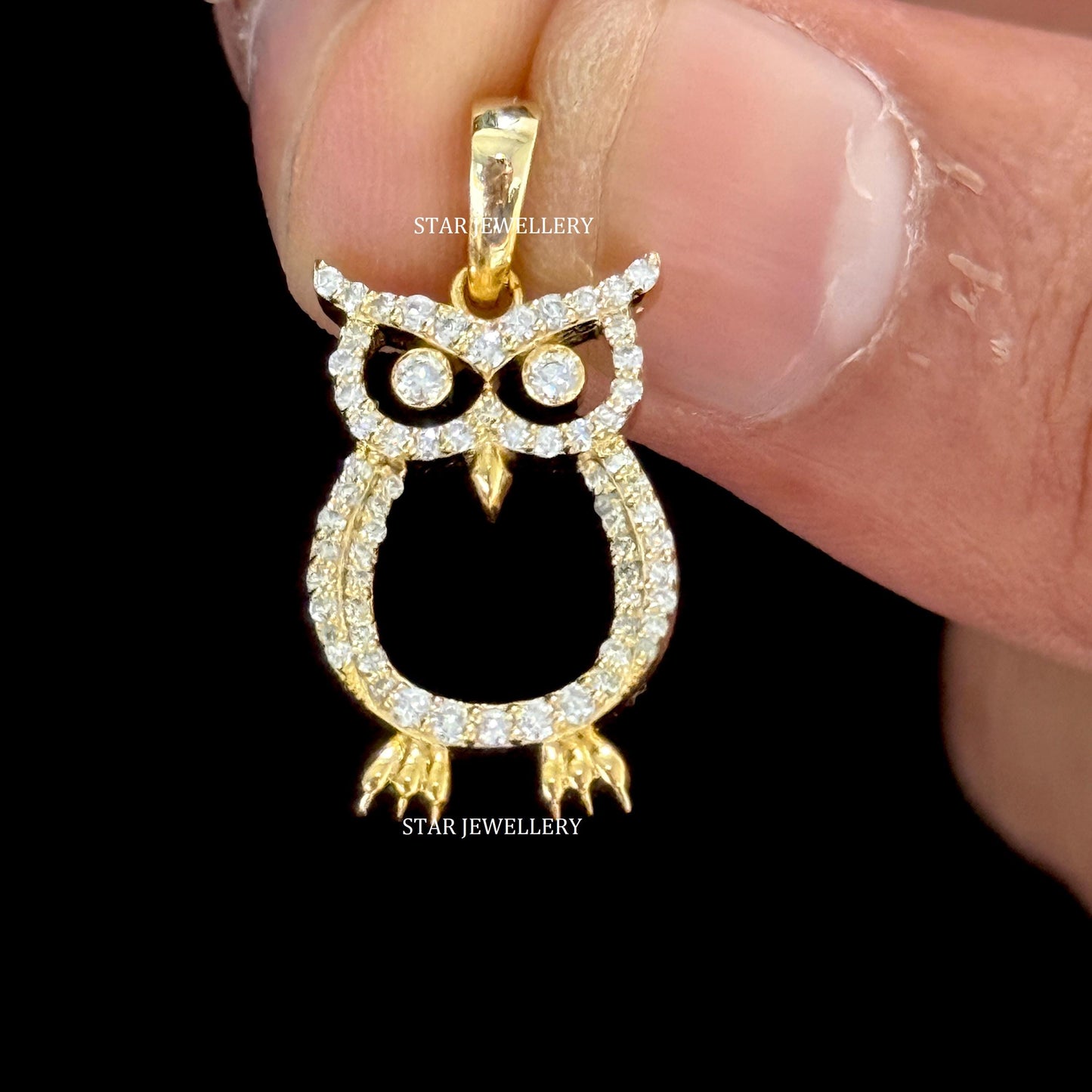 14K Gold Natural Diamond Owl Pendant