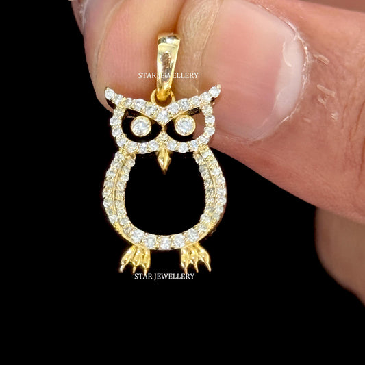 14K Gold Natural Diamond Owl Pendant