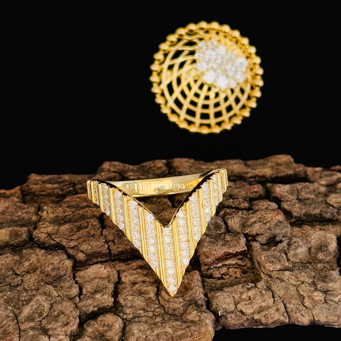 14K Solid Gold Natural Diamond Matching V Band Ring