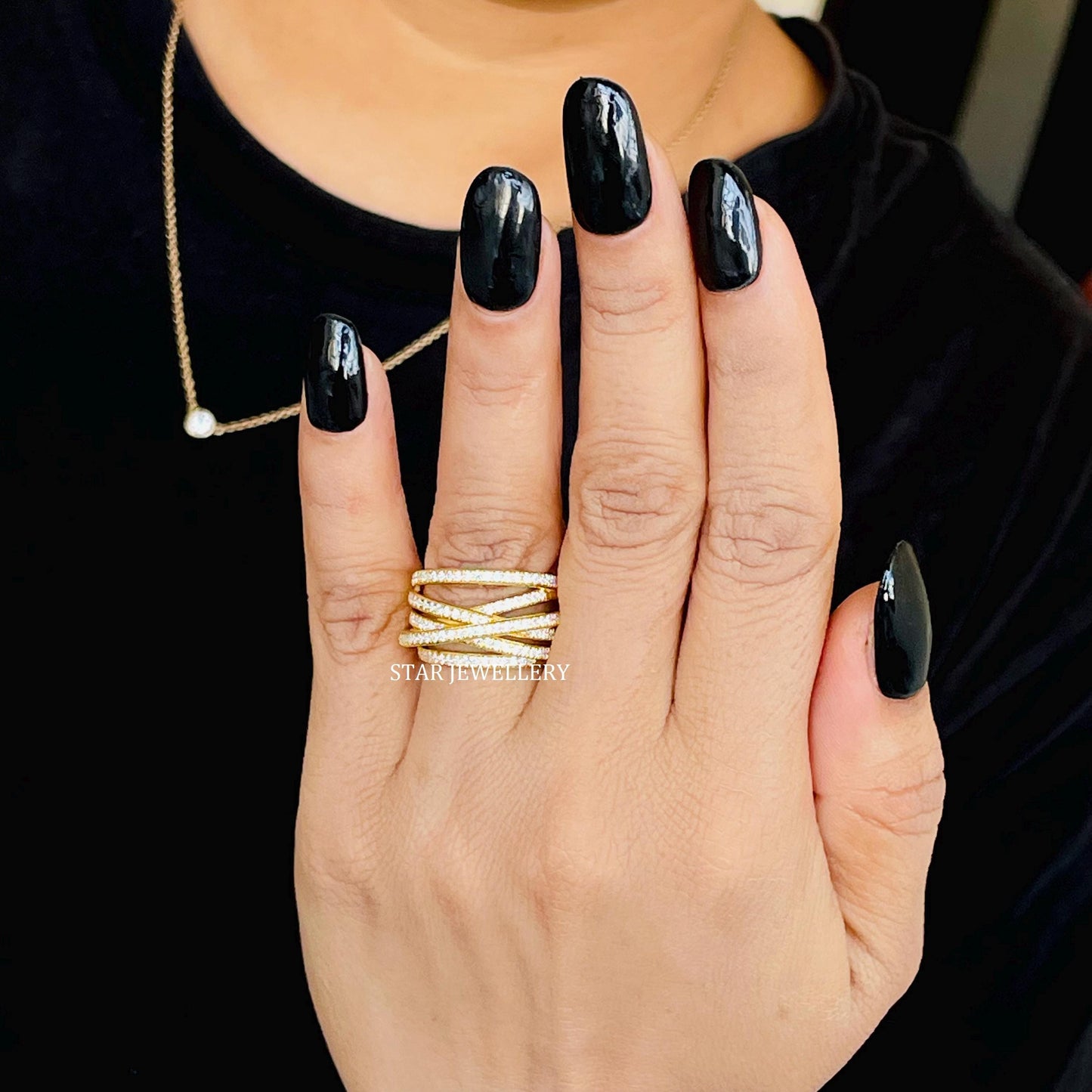 14K Solid Gold Twisted Crossover Diamond Ring