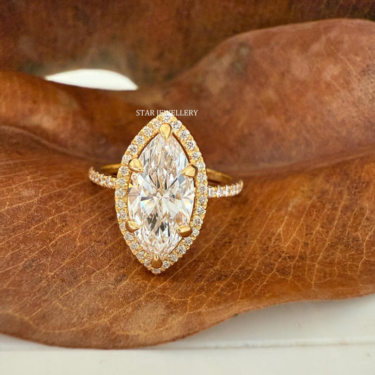 Marquise lab grown diamond halo ring in 14K white gold