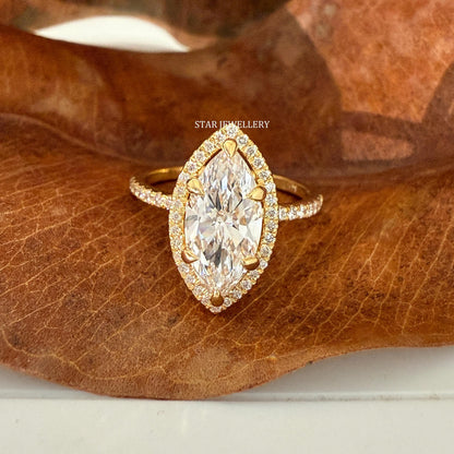 IGI Certified Marquise Cut Lab Diamond Halo Engagement Ring