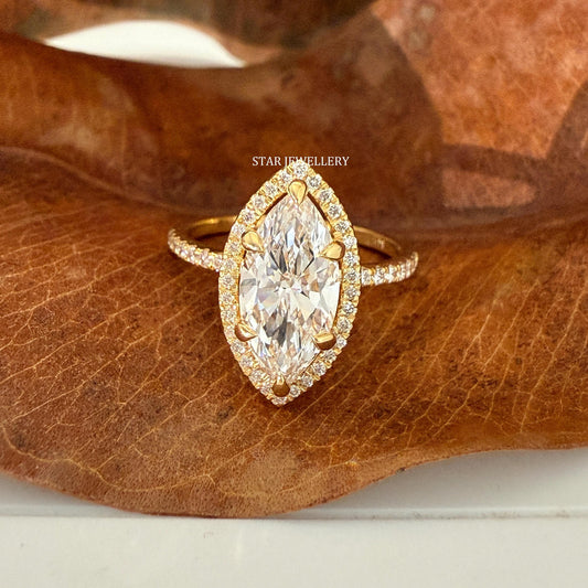 IGI Certified Marquise Cut Lab Diamond Halo Engagement Ring