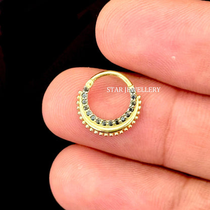 14K Gold Natural Black Diamond Septum Nose Ring