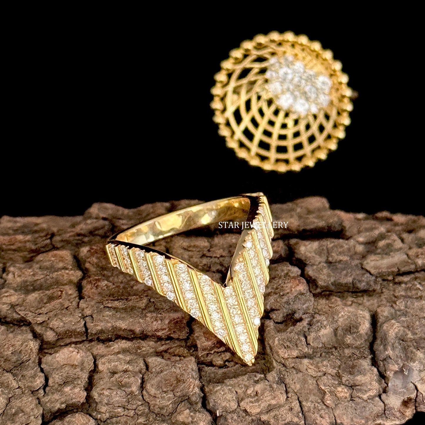 14K Solid Gold Natural Diamond Matching V Band Ring