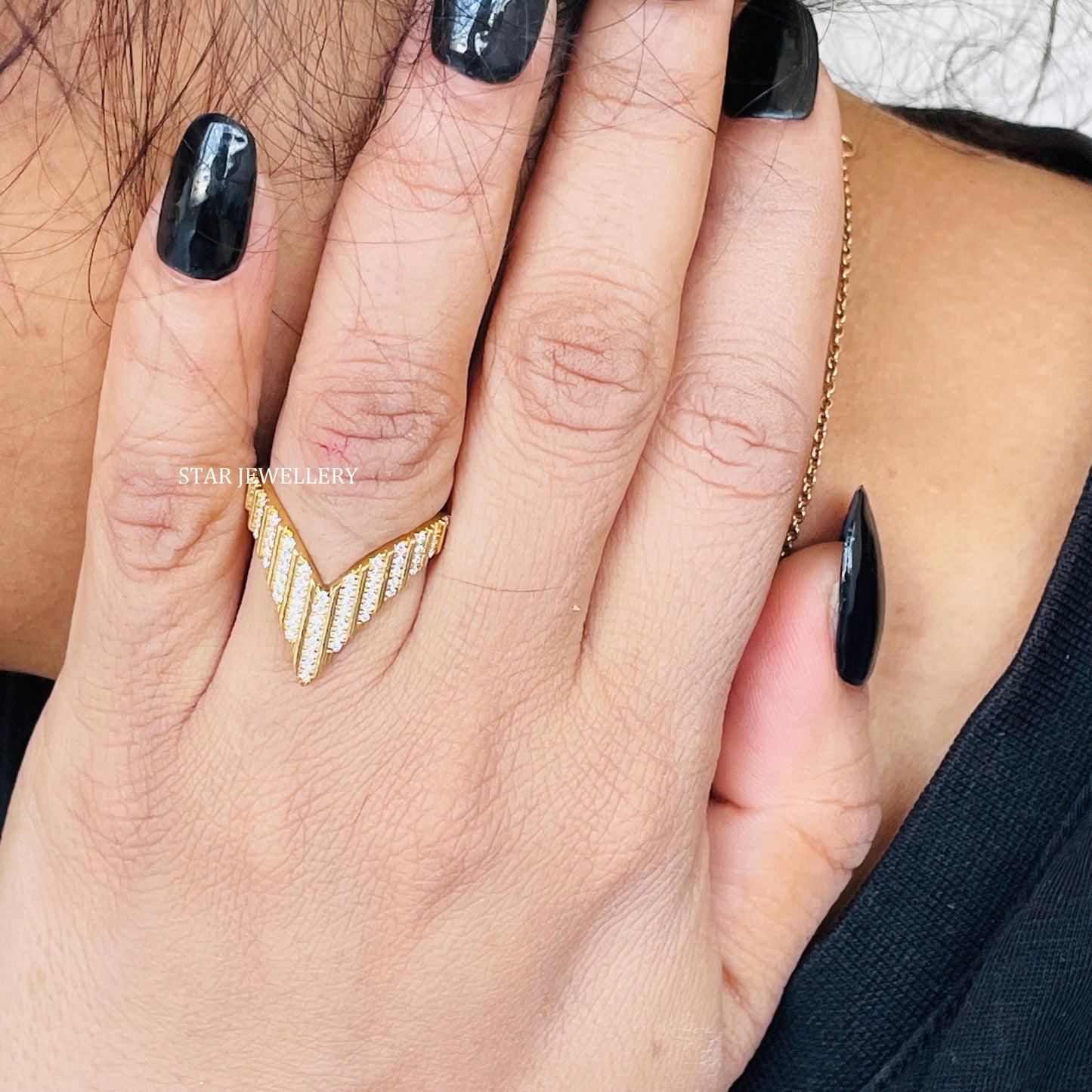 14K Solid Gold Natural Diamond Matching V Band Ring