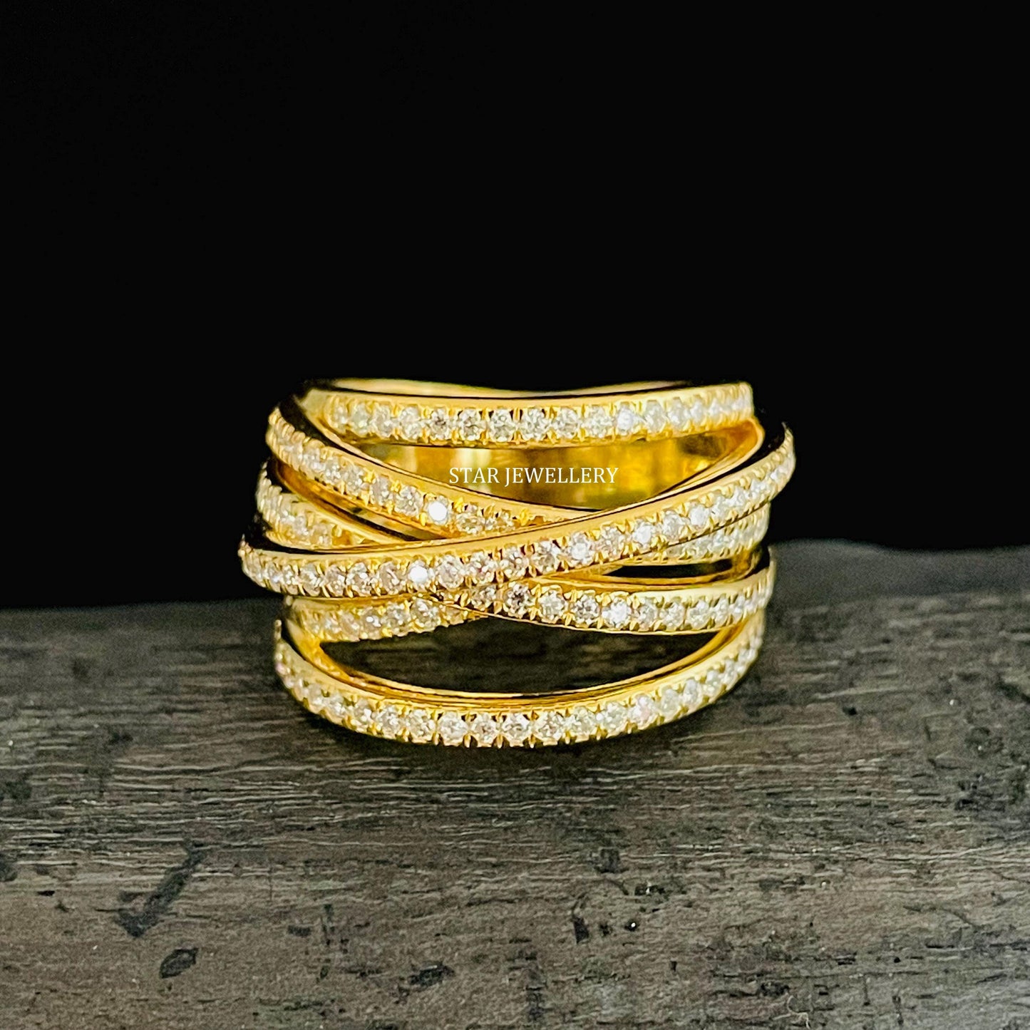14K Solid Gold Twisted Crossover Diamond Ring