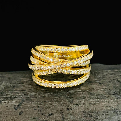 14K Solid Gold Twisted Crossover Diamond Ring