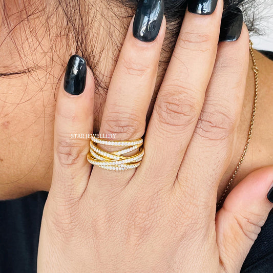 14K Solid Gold Twisted Crossover Diamond Ring