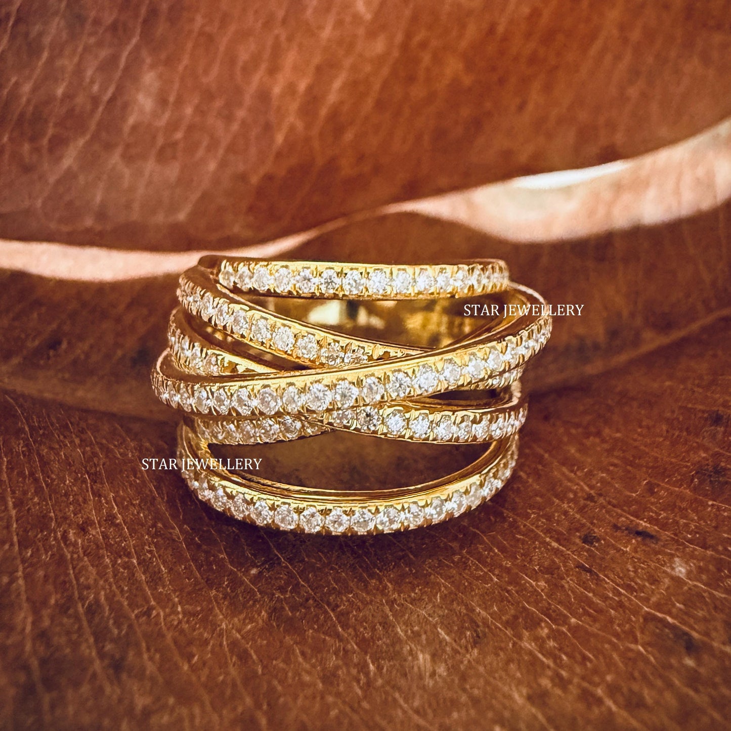 14K Solid Gold Twisted Crossover Diamond Ring