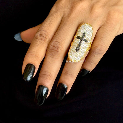 14K Solid Gold Pave Set Diamond Unique Designer Cross Ring