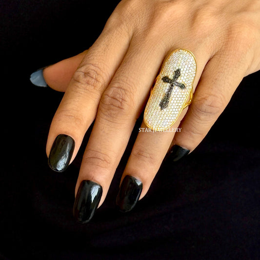 14K Solid Gold Pave Set Diamond Unique Designer Cross Ring