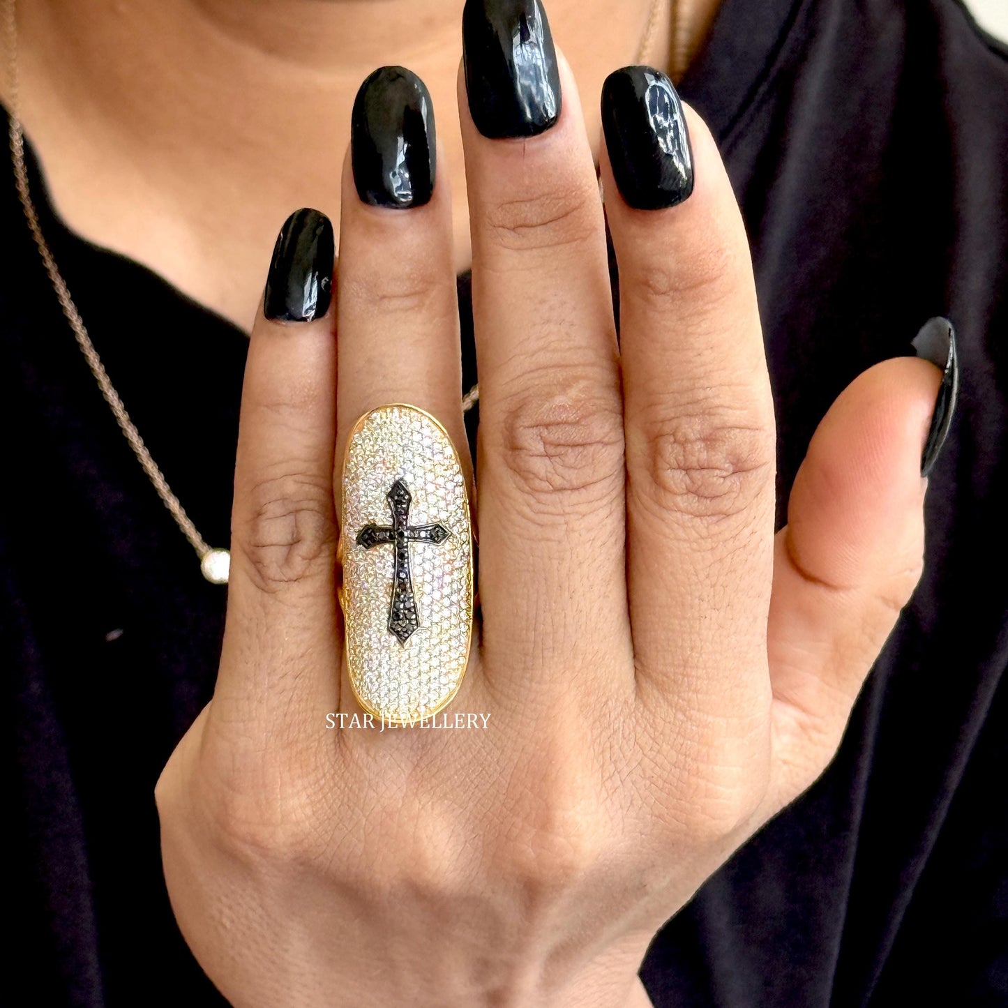 14K Solid Gold Pave Set Diamond Unique Designer Cross Ring