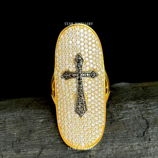 14K Solid Gold Pave Set Diamond Unique Designer Cross Ring
