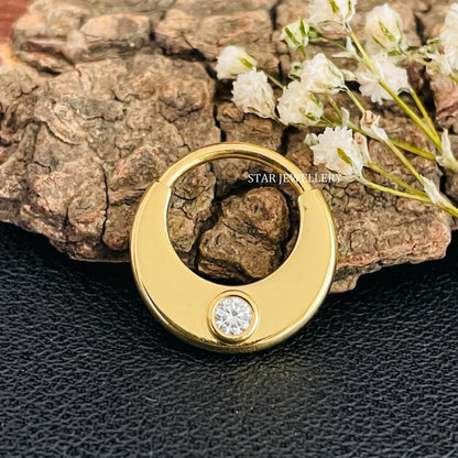 14K Solid Gold Bezel Diamond Septum Clicker