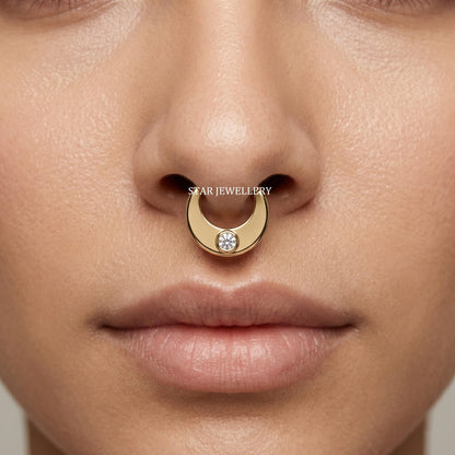 14K Solid Gold Bezel Diamond Septum Clicker