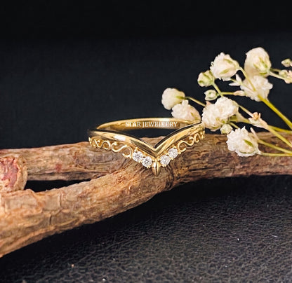 14K Solid Gold Filigree Chevron Ring