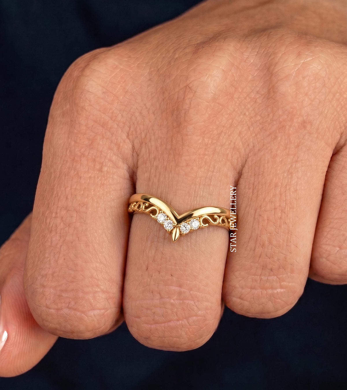 14K Solid Gold Filigree Chevron Ring