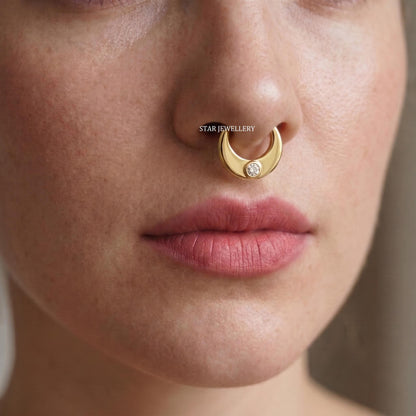 14K Solid Gold Bezel Diamond Septum Clicker
