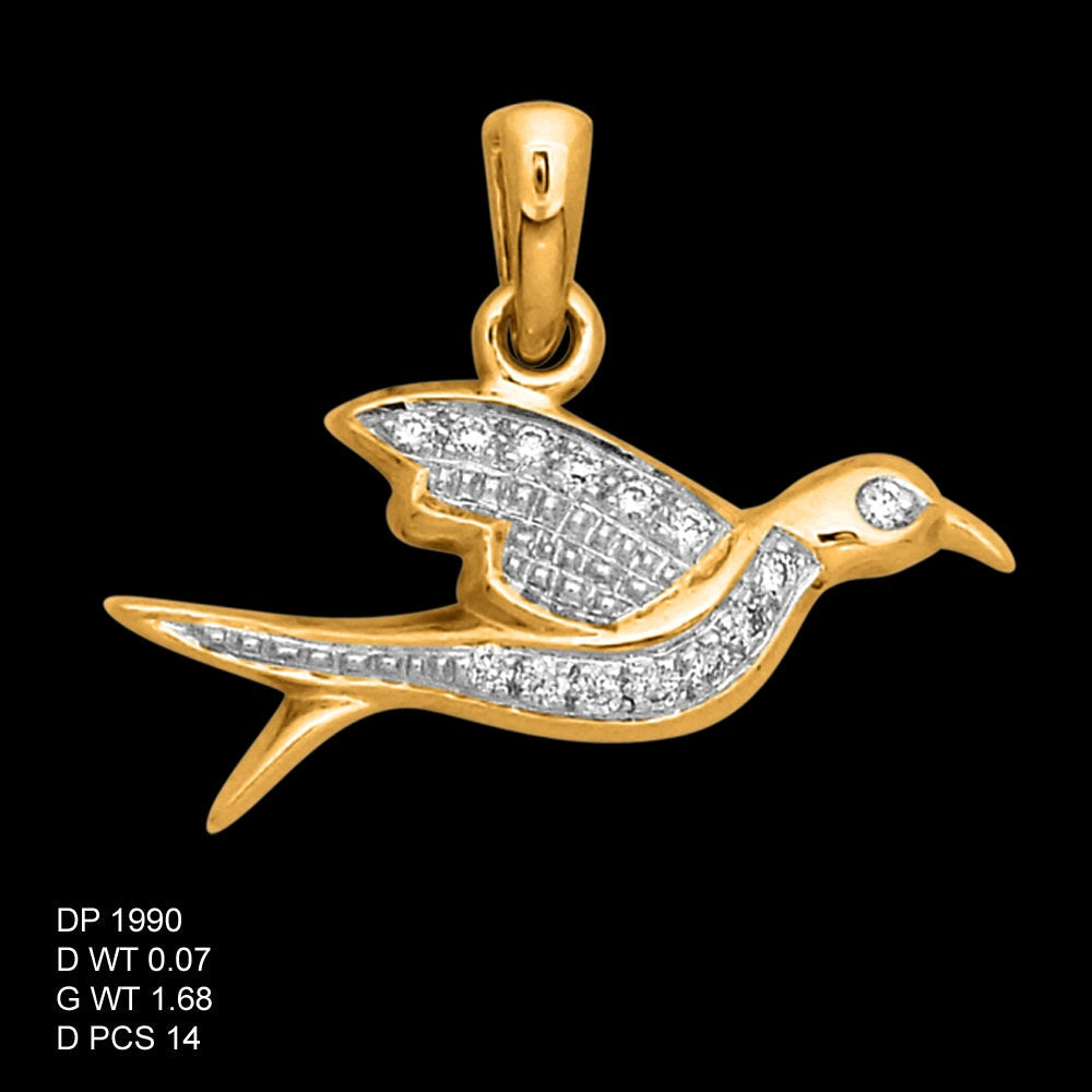 14K Solid Gold Diamond Bird Pendant