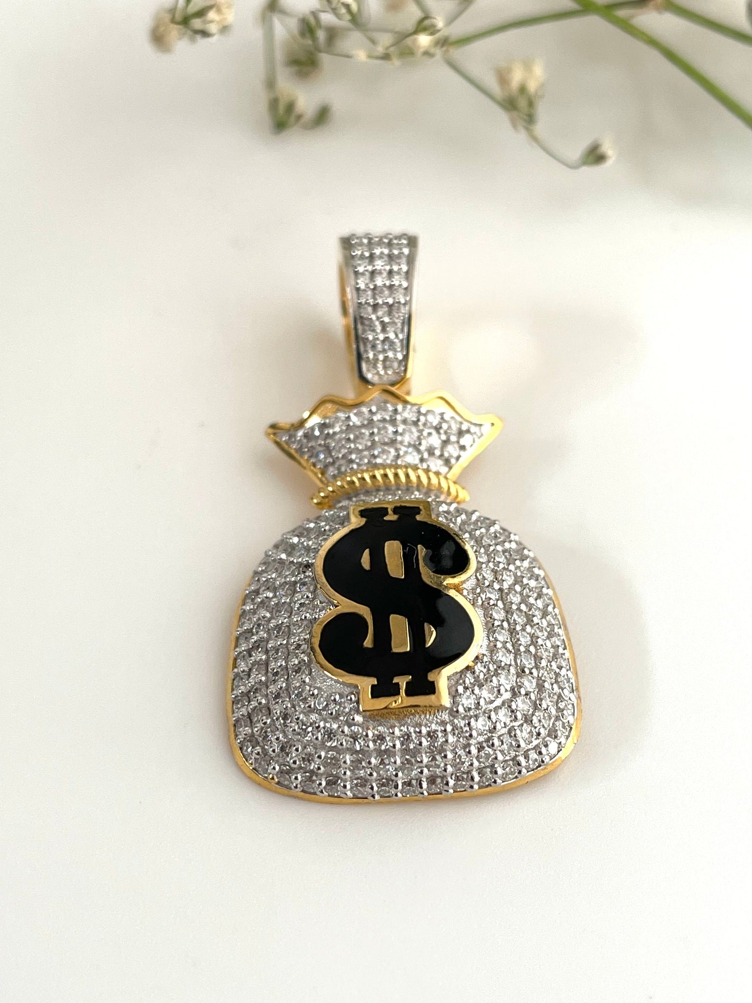 Pendentif de sac d'argent en diamant, pendentif de sac d'argent en argent avec Moissanite, pendentif de sac d'argent Moissanite personnalisé, pendentif de sac d'argent en or massif 10K