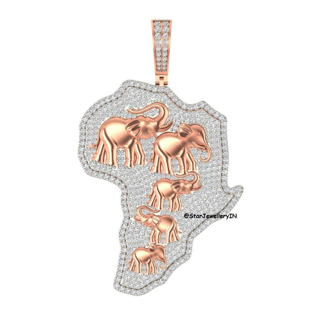 Carte de l'Afrique Diamant Pendentif, Afrique Faune Diamant Pendentif 10K Or Massif Carte de l'Afrique Pendentif Moissanite Diamant Carte de l'Afrique Pendentif