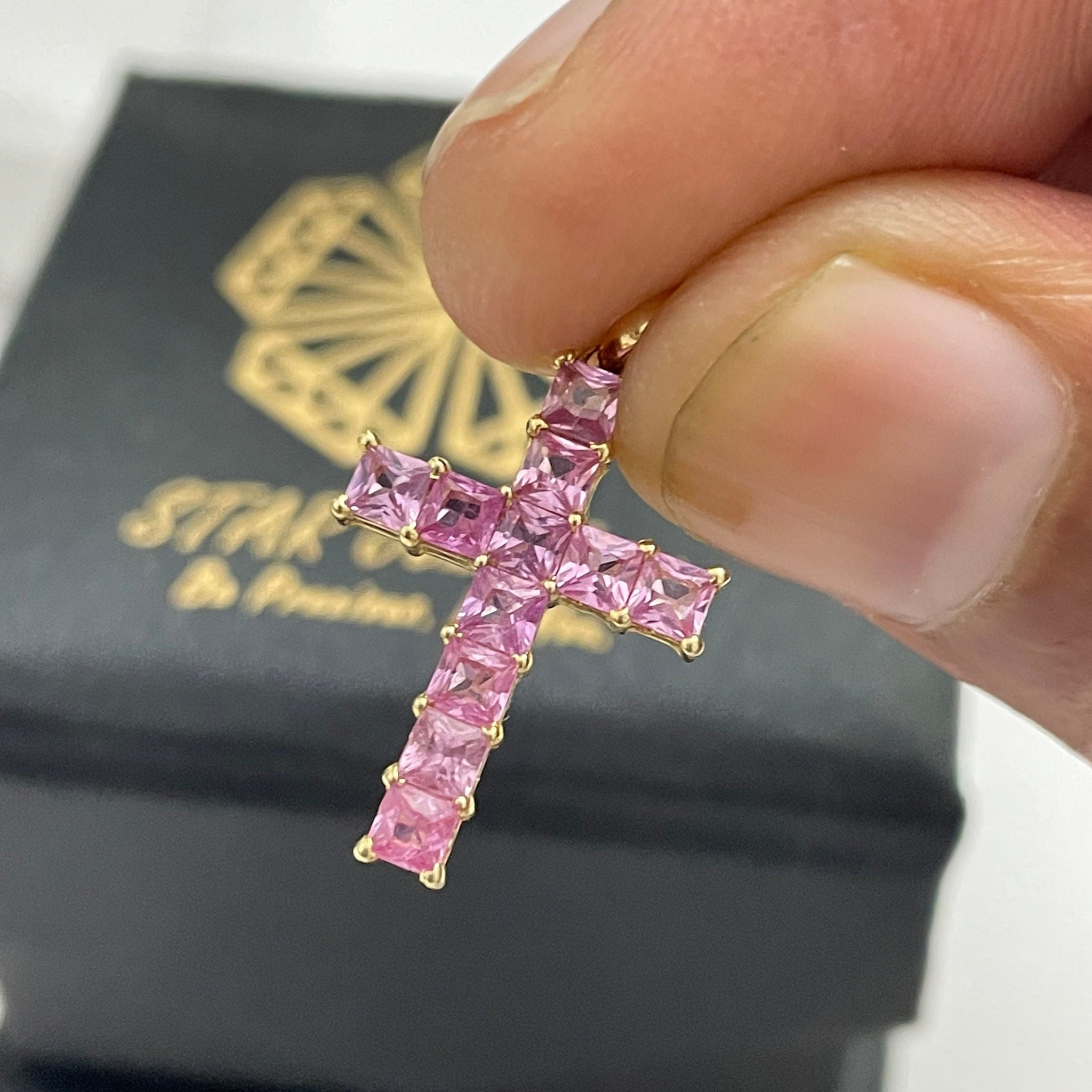 14K Solid Gold Princess Cut Sapphire Cross Pendant