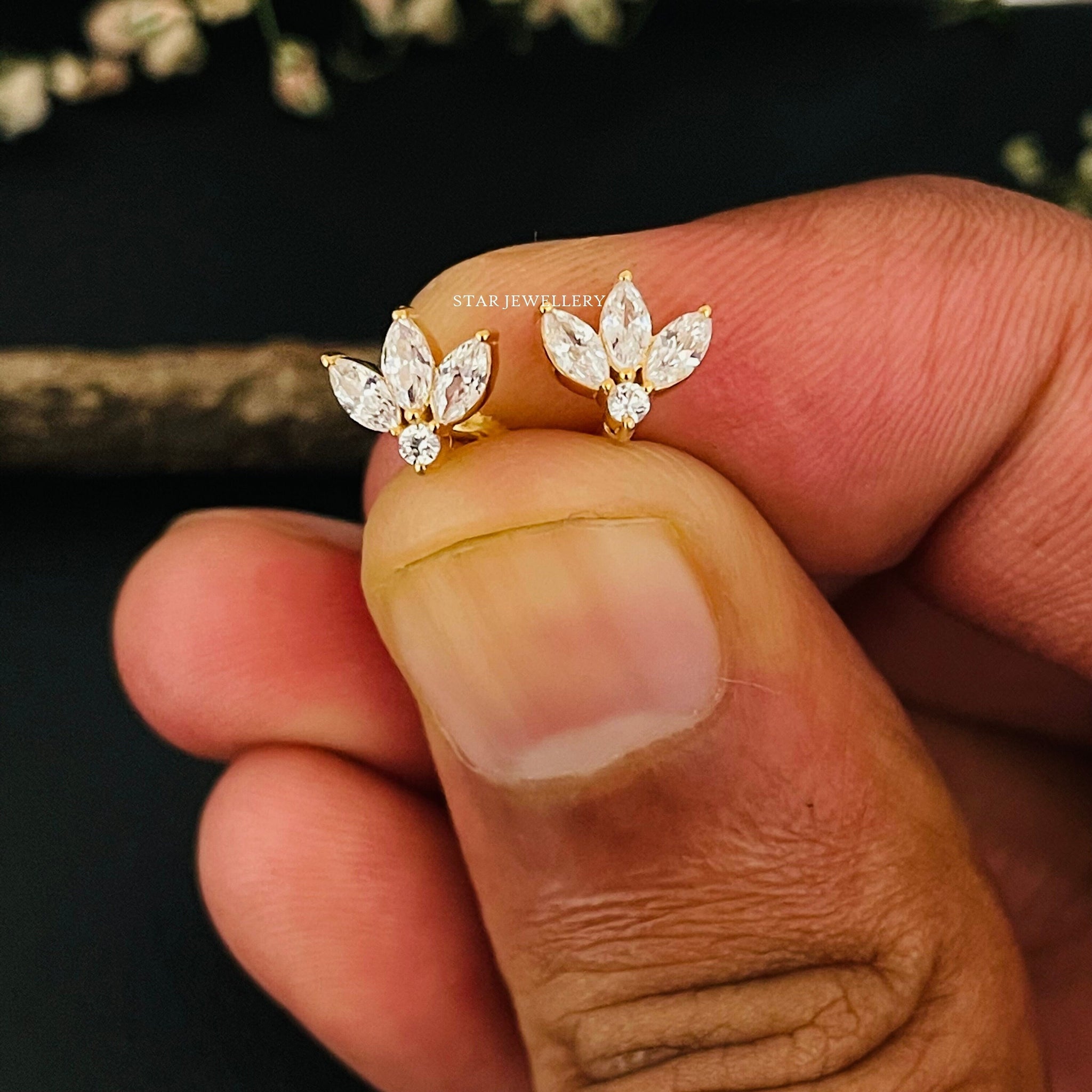 Natural Diamond Lotus Stud Ear Piercing