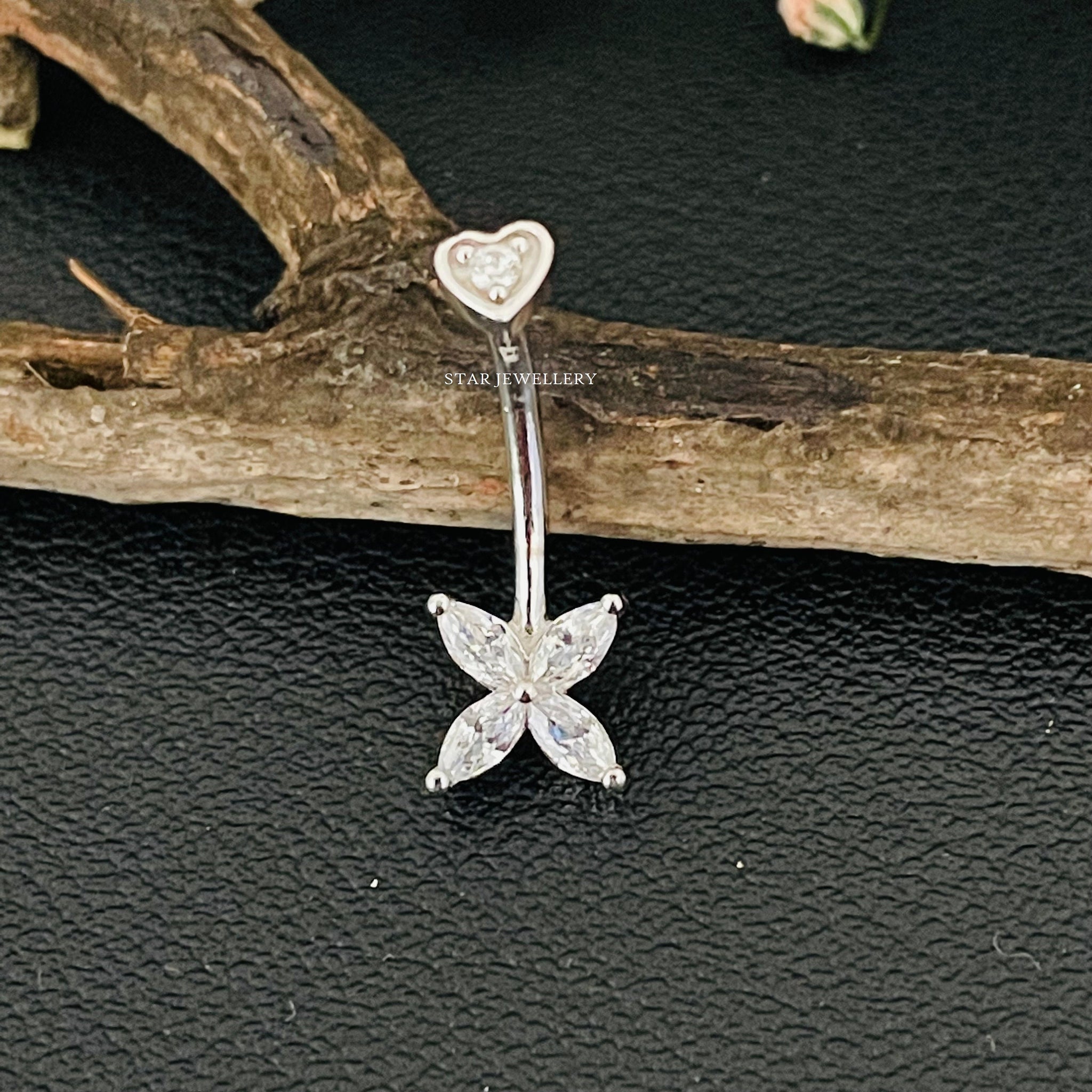 14K Solid Gold leaf Clover Barbell Piercing, Piercing incolore Marquise Cut Moissanite Barbell Piercing, Labret Vertical Lip Piecing