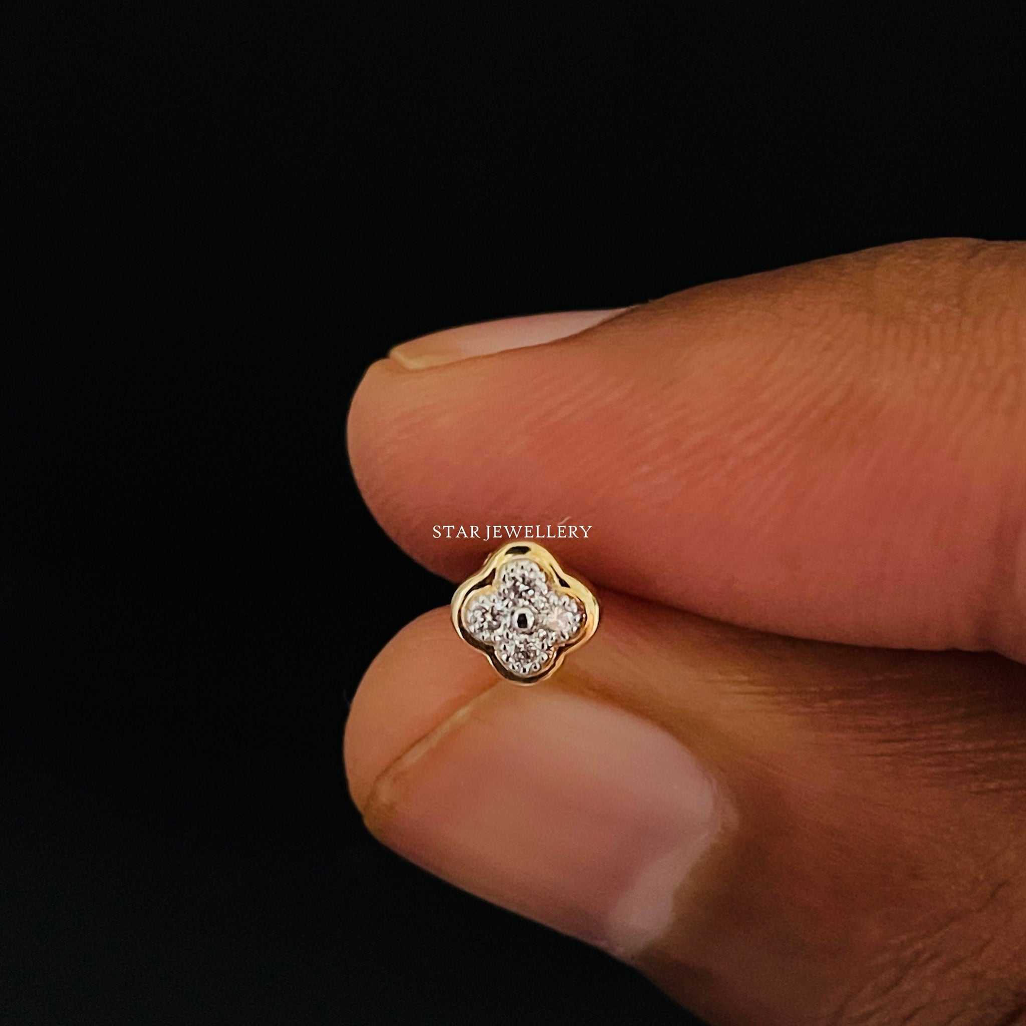 Piercing de trèfle à quatre pierres en diamant véritable, bijoux de perçage d'oreille à filetage externe en grappe de diamants 14K pour lobe d'oreille, tragus, conque, cartilage