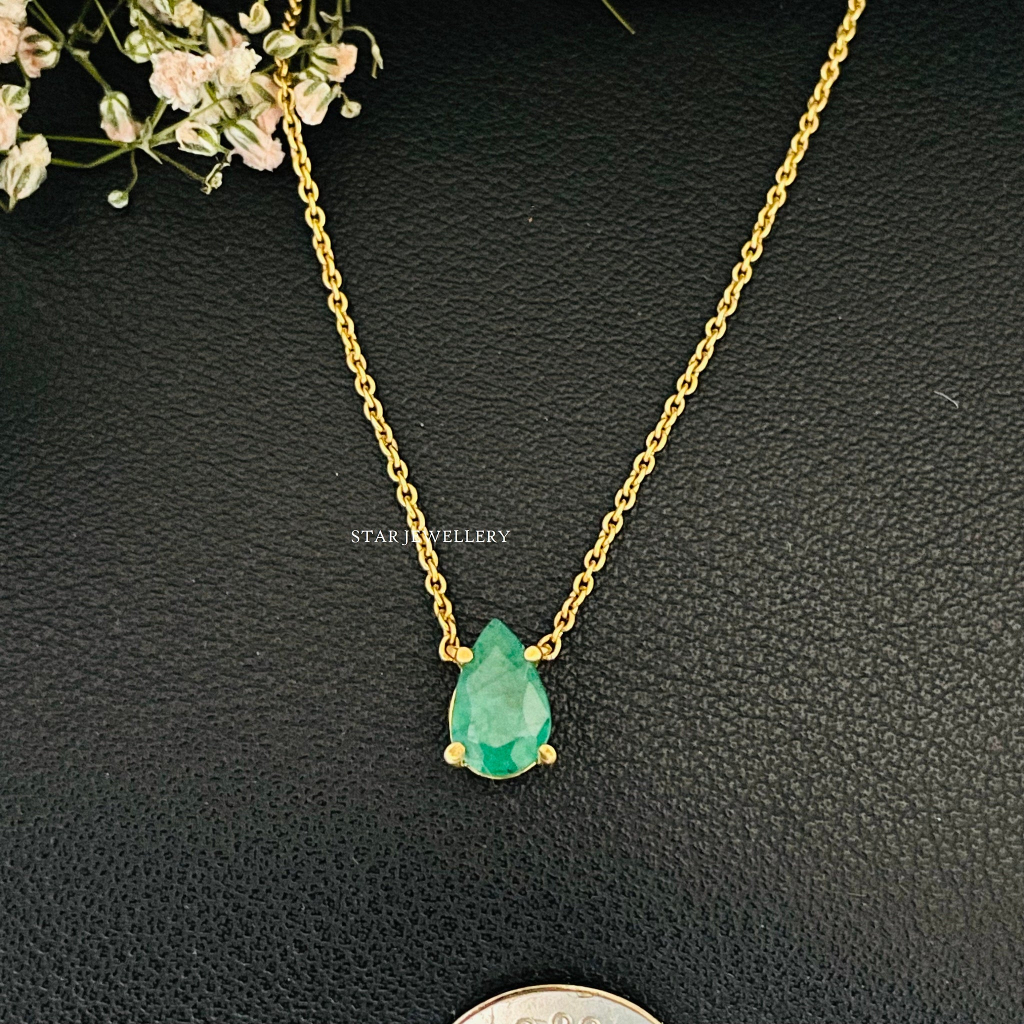 Solid Gold Pear Cut Natural Emerald Necklace