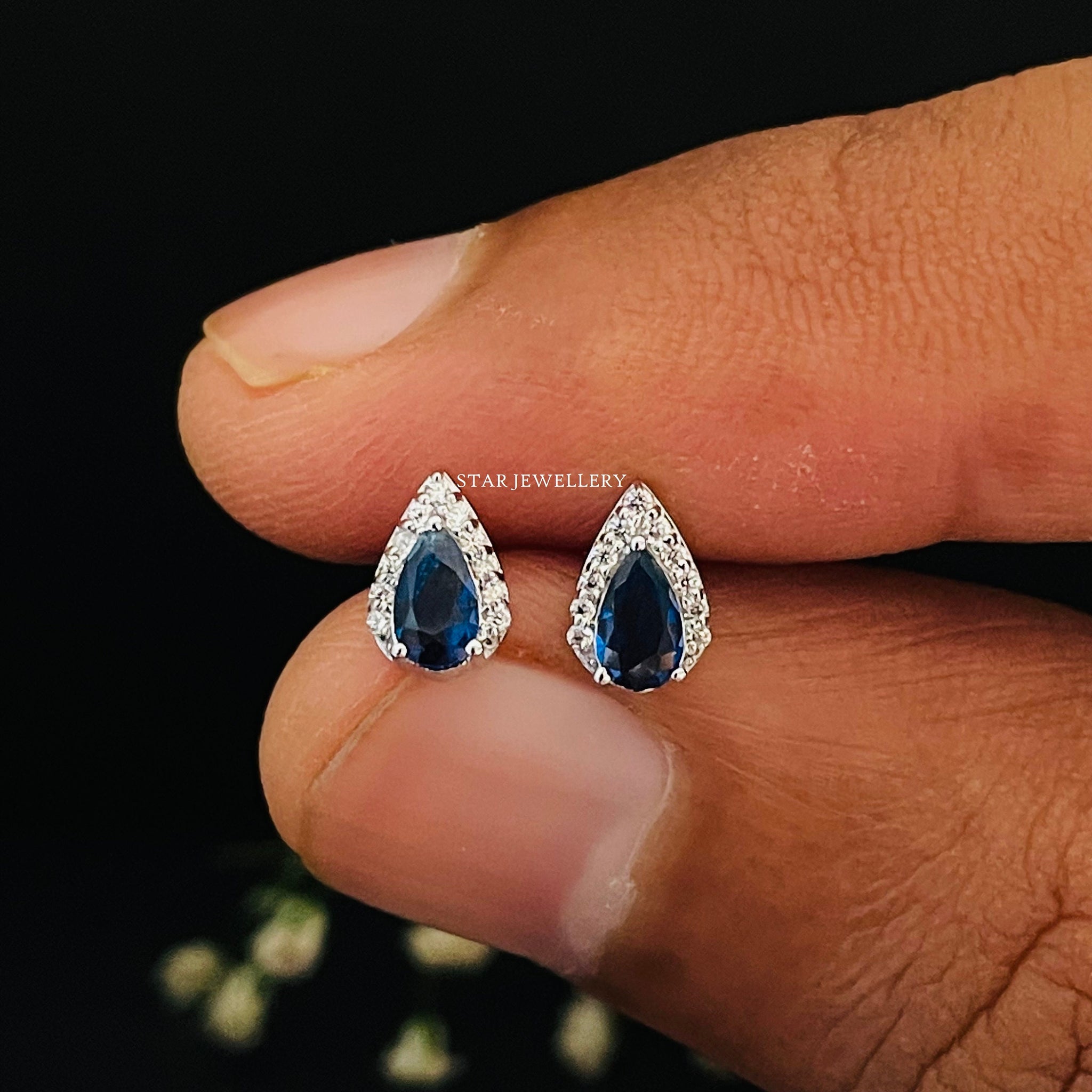 Blue Sapphire Diamond Halo Pear Earring