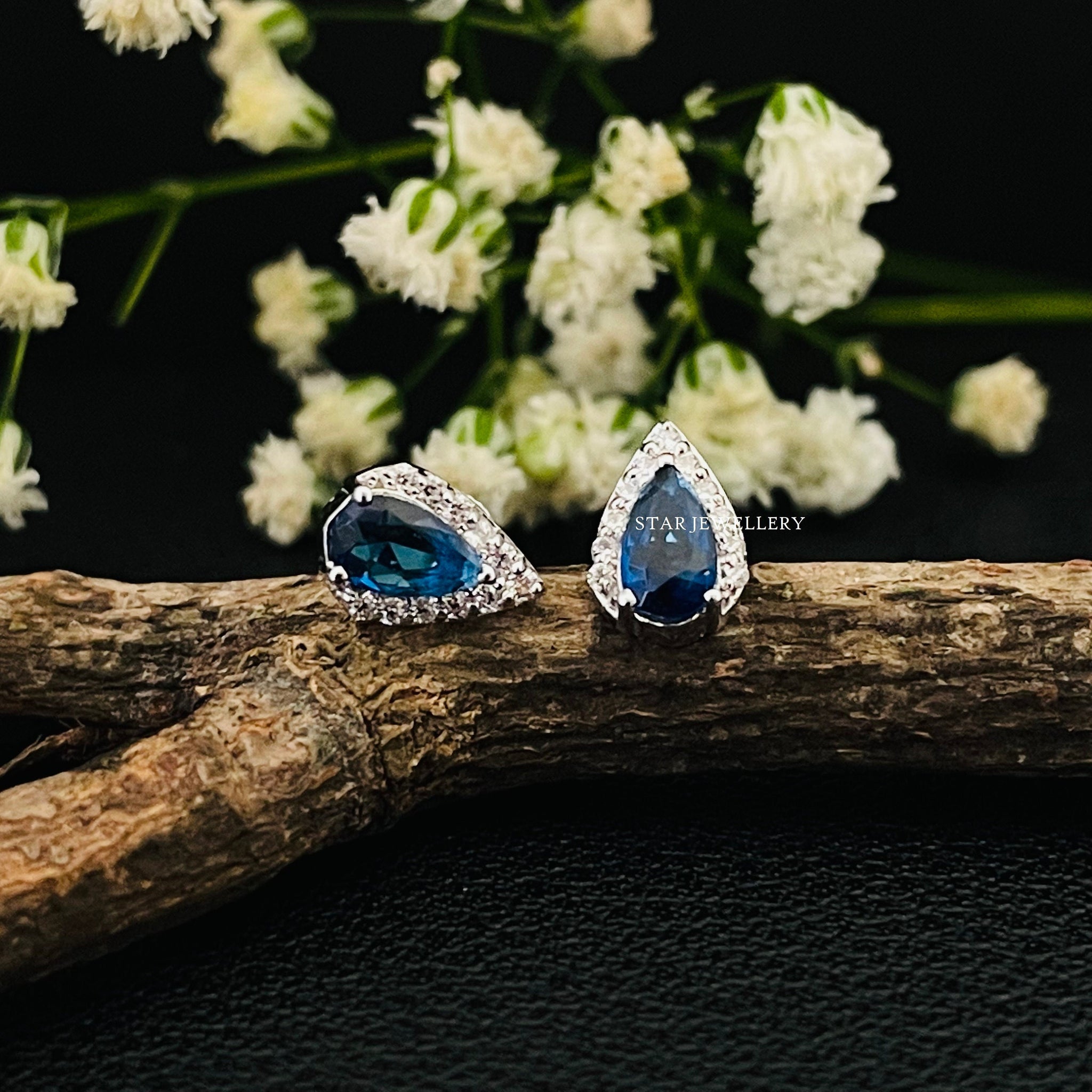 Blue Sapphire Diamond Halo Pear Earring