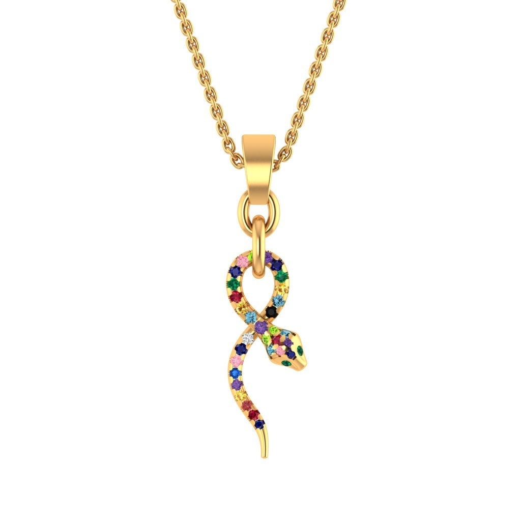 14K Solid Gold Multi Sapphire Rainbow Snake Necklace, 14K Solid Gold Reptile Snake Necklace, Serpentis Necklace pour elle, Graduation Gift