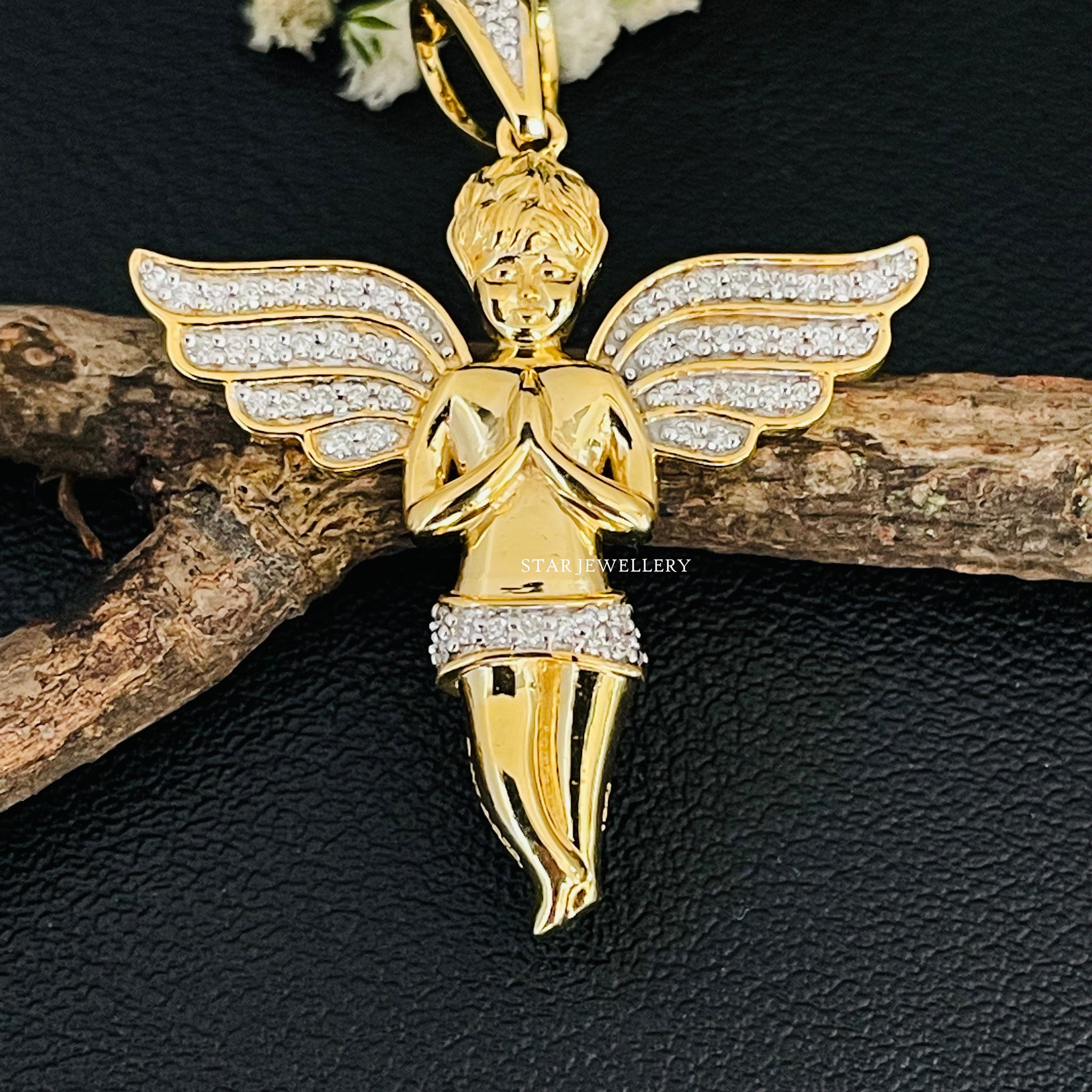 10K Solid Gold Diamond Angel Pendant