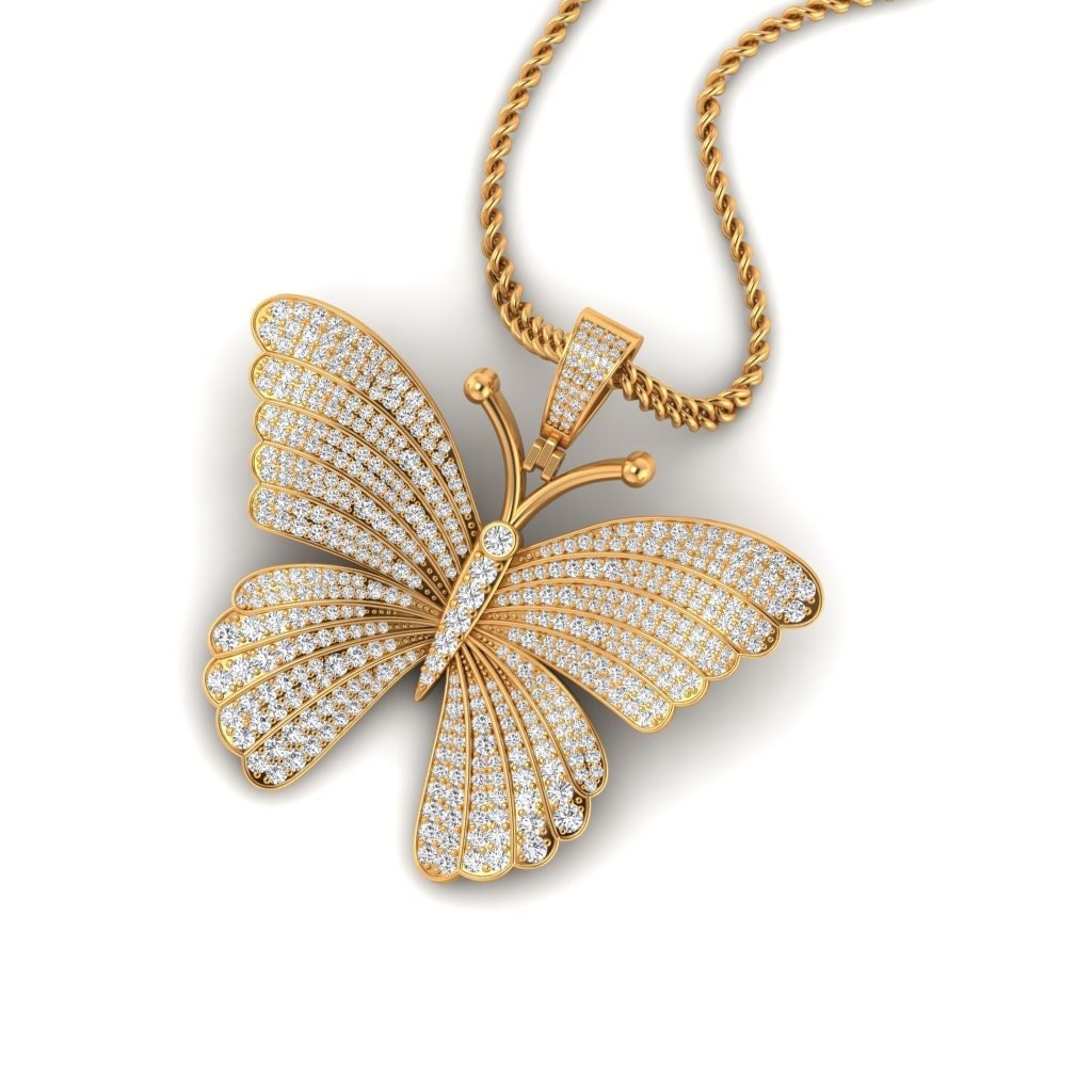 Solid Gold Pave Set Diamond Butterfly Pendant