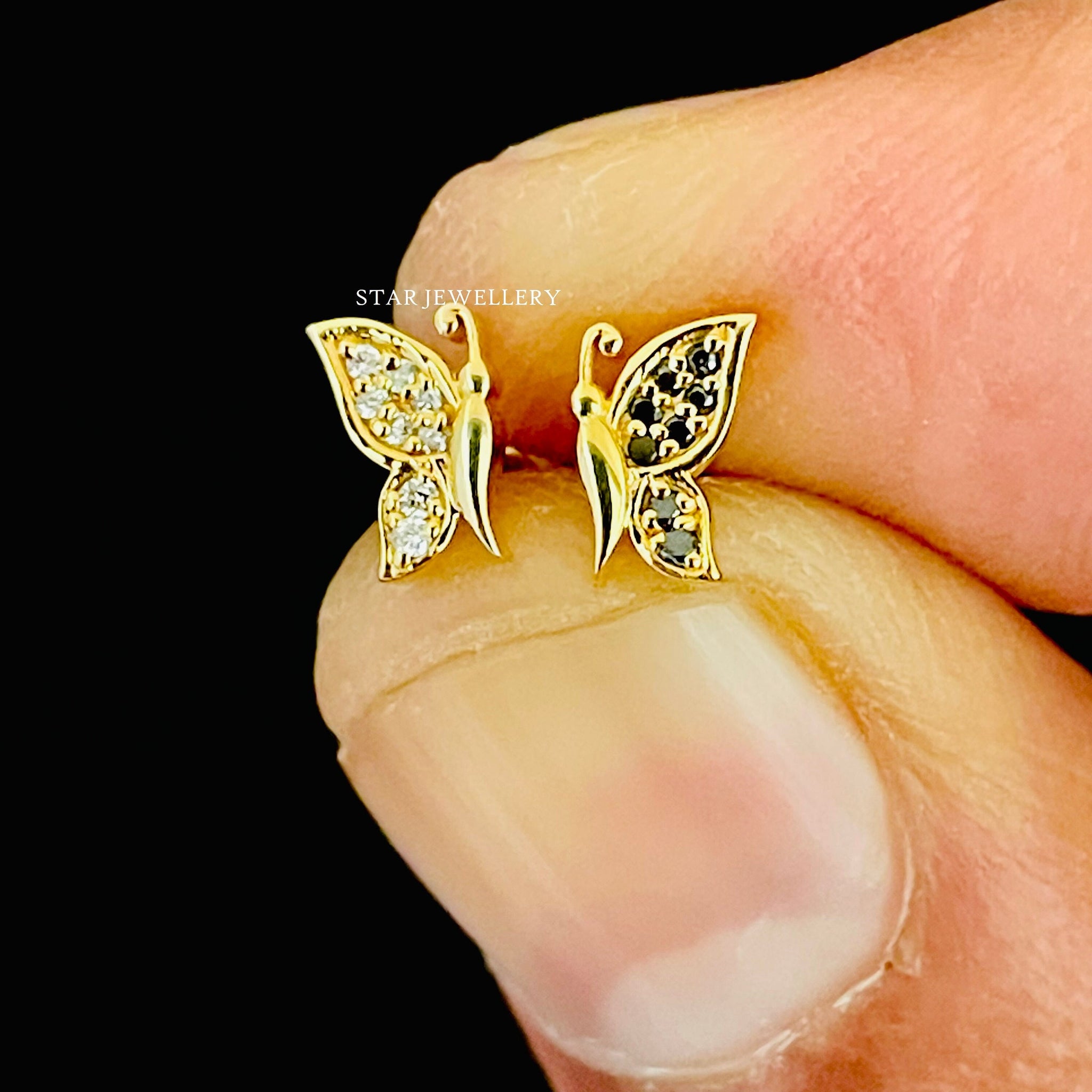 Piercing nez/oreille papillon en or massif 14 carats avec diamant naturel, piercing papillon en or massif pour conque, hélice, tour, tragus, anti-tragus, lobe d'oreille.
