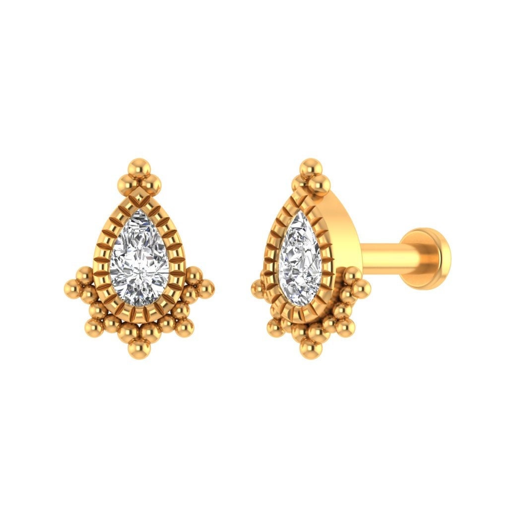 14K Gold Bezel Set Pear Diamond Piercing
