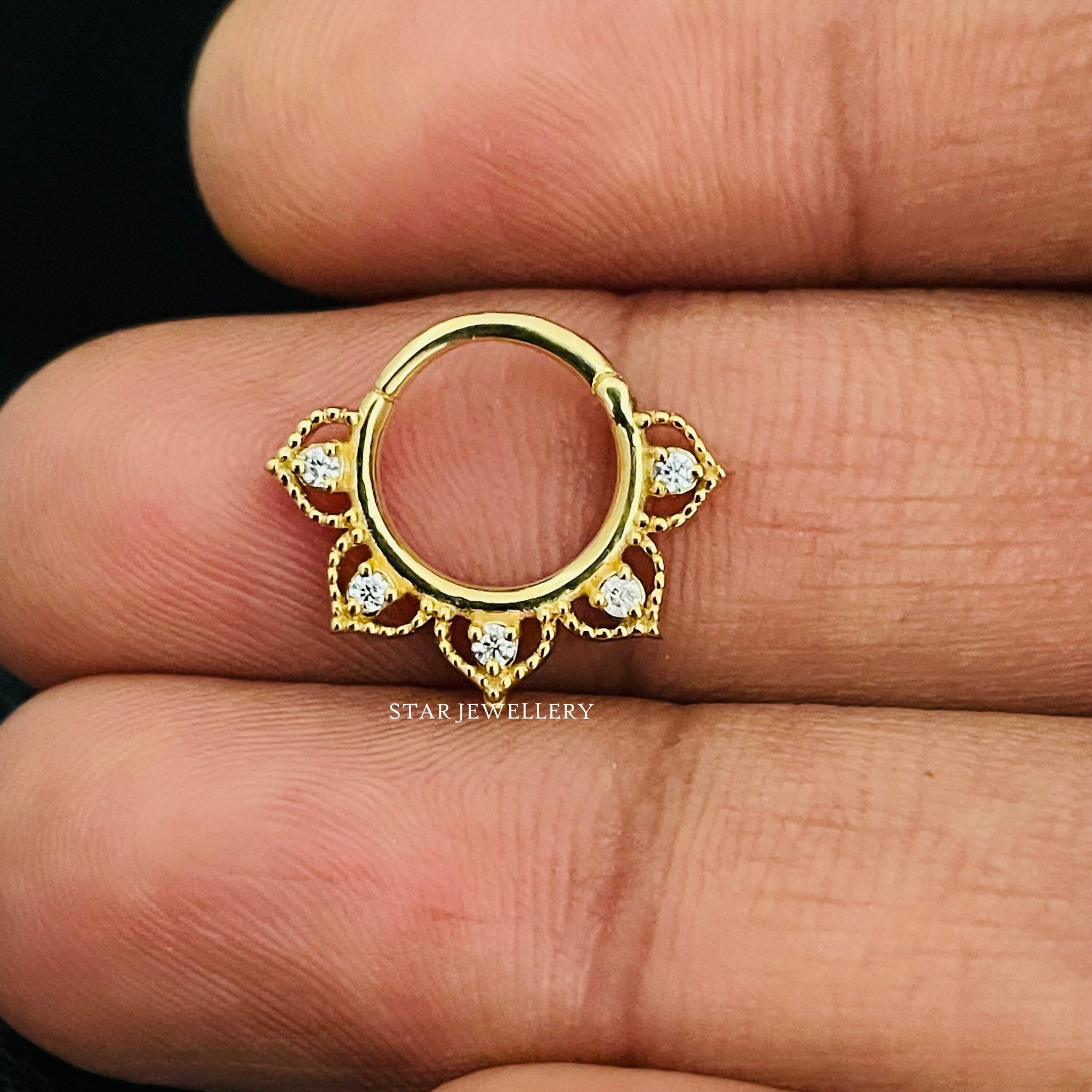 Diamond Septum Nose Ring in 14K Gold, Diamond Clicker Daith Piercing