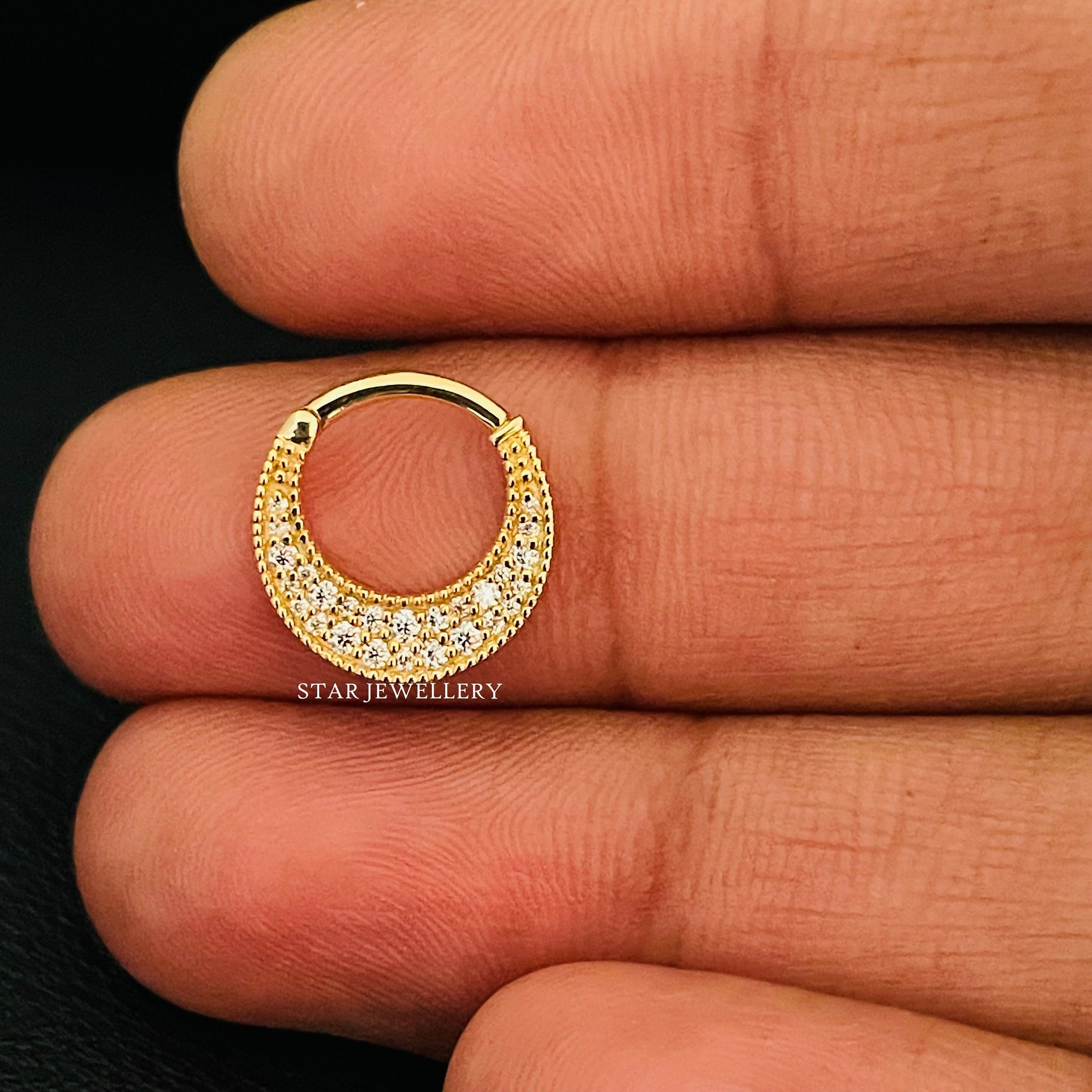 14K Solid Gold Pave Set Natural Diamond Septum Piercing