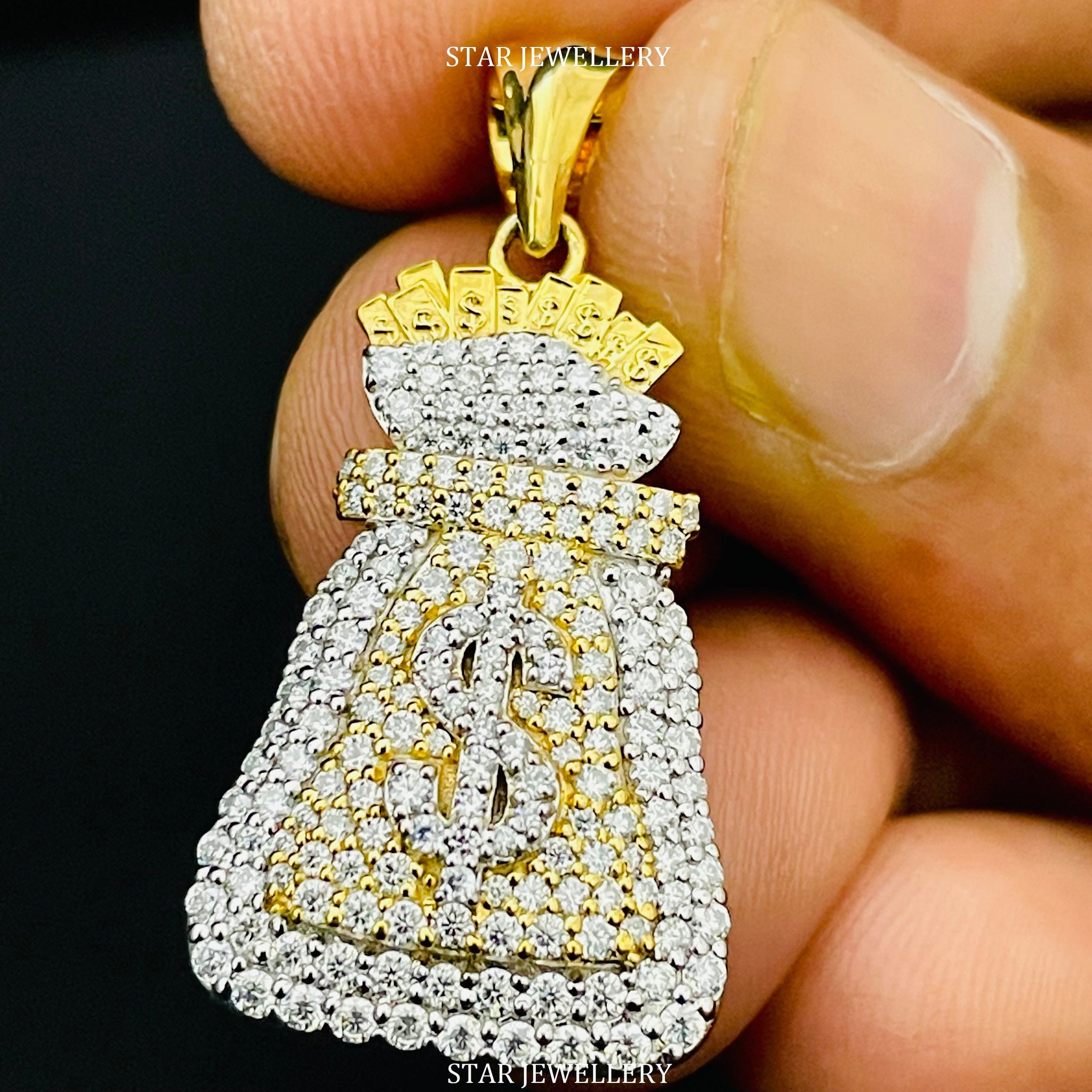 Pendentif de sac d'argent en diamant naturel, pendentif de sac d'argent Moissanite personnalisé, pendentif de sac d'argent en or massif 10K, pendentif de sac d'argent en diamant CVD